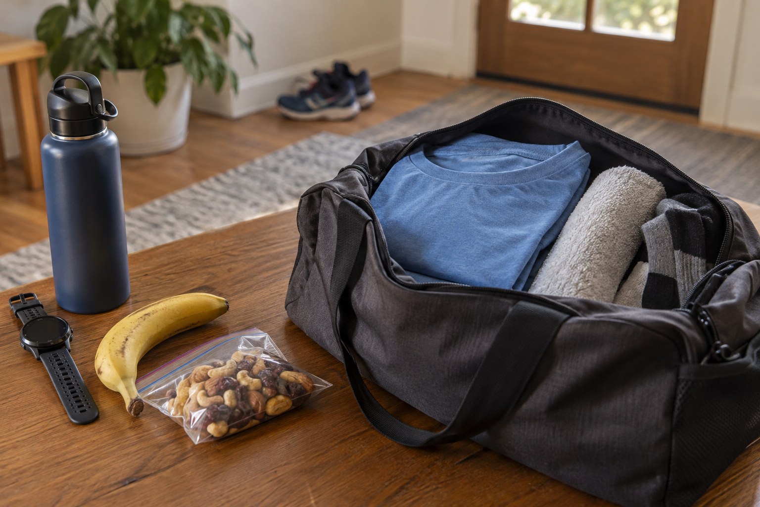 Un petit sac préparé avec des vêtements secs et une serviette.