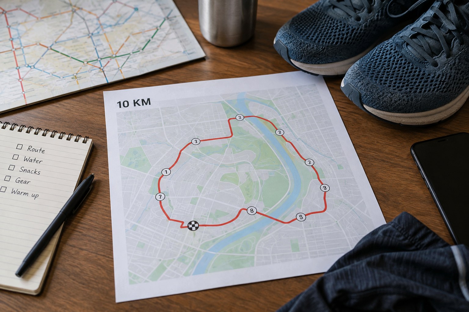 Un schéma de parcours de dix kilomètres près de documents de transport.