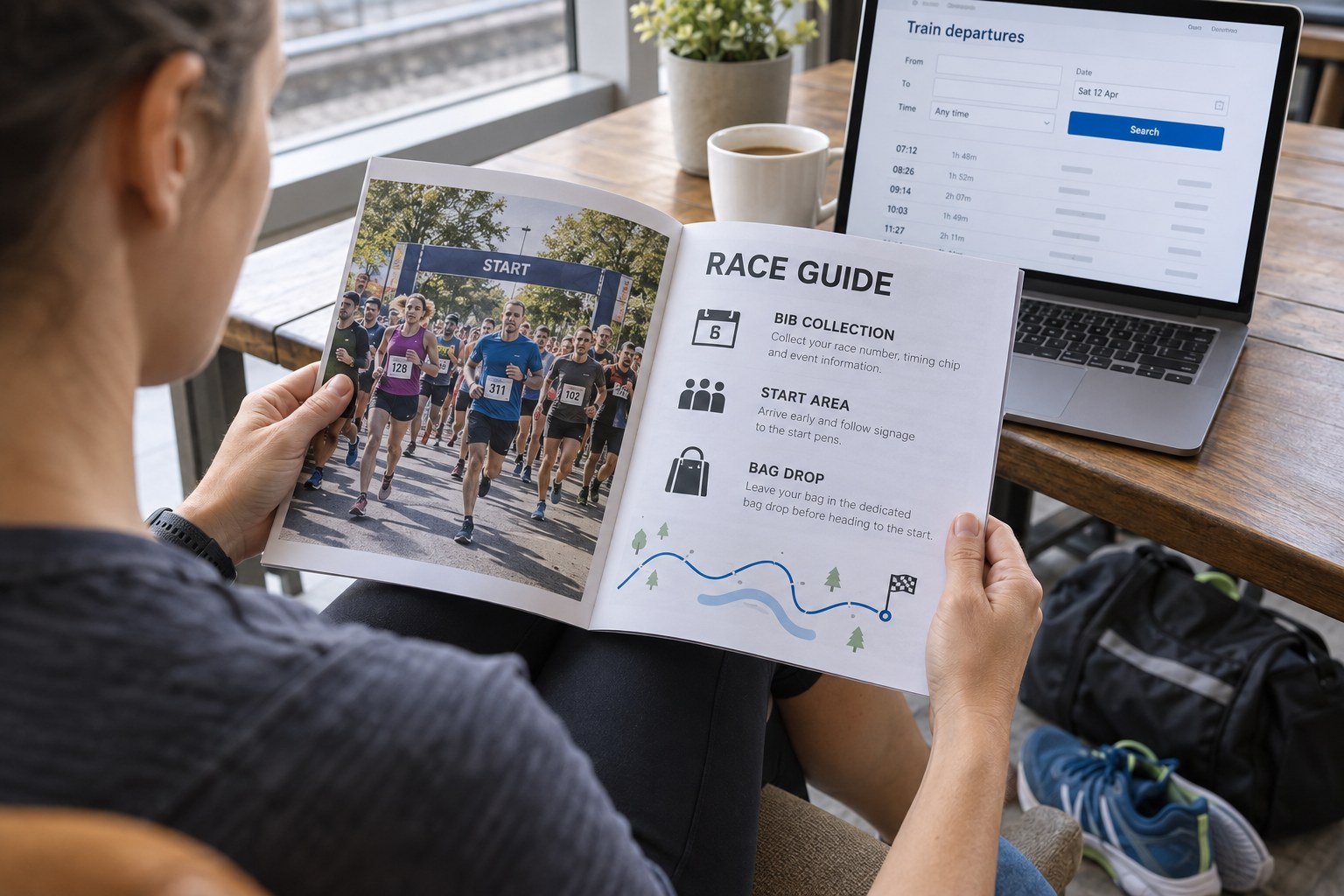 Un guide d’épreuve consulté près de documents de voyage.