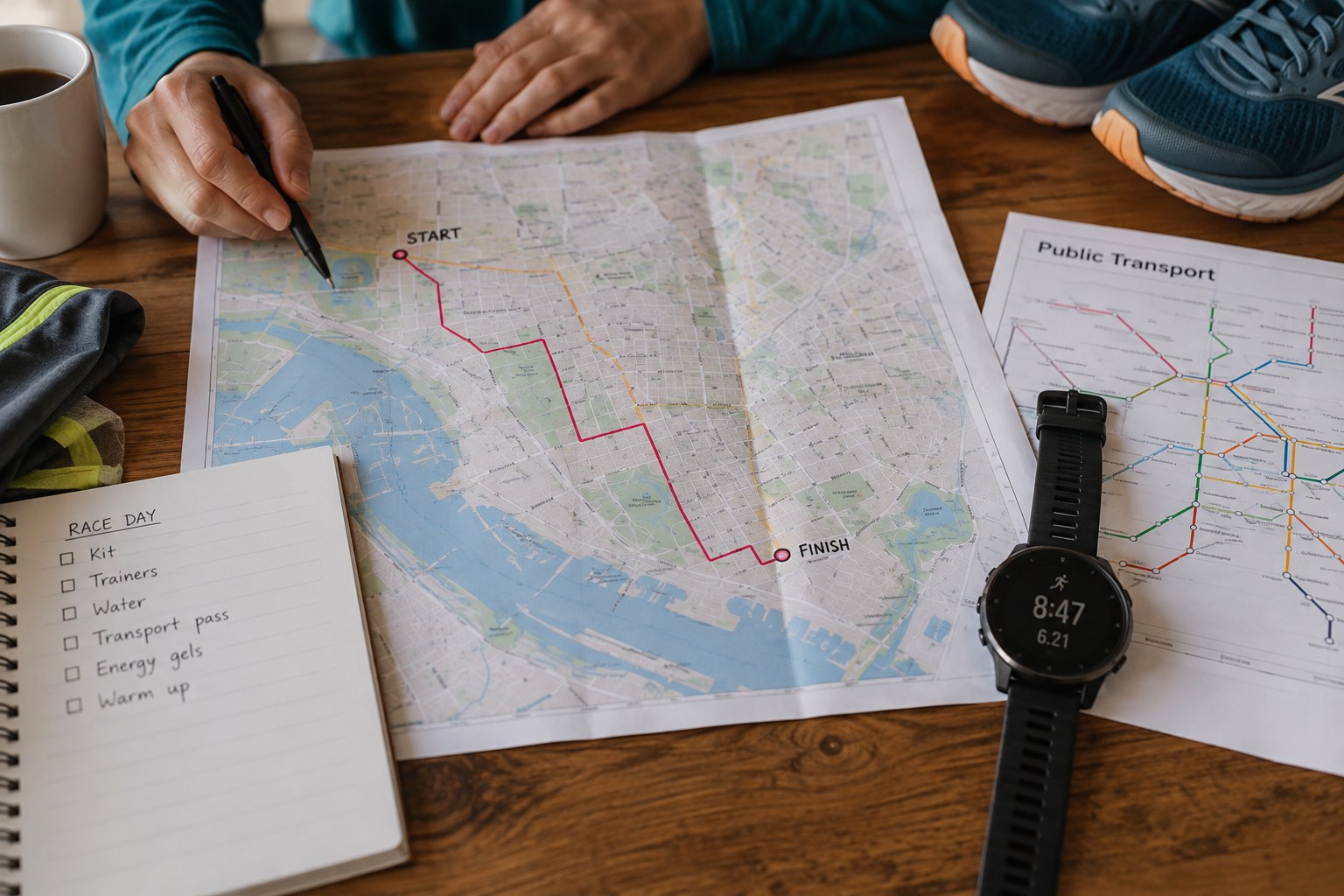 Une carte d’accès au départ près d’un plan de transport et d’une montre.