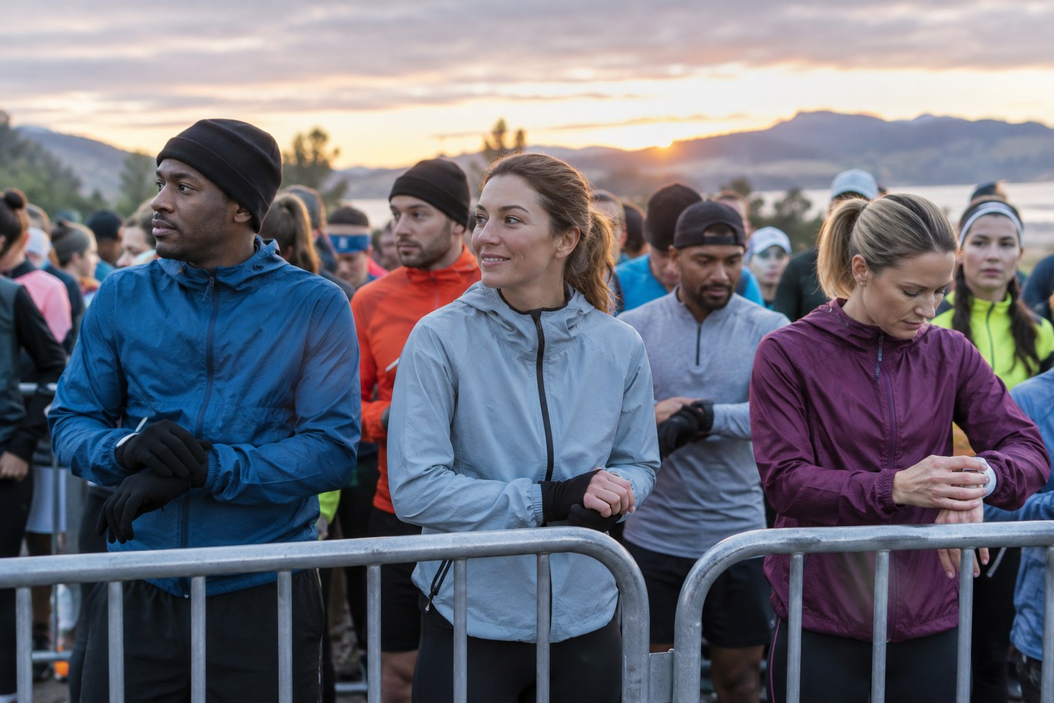 Des coureurs attendent avec une couche supplémentaire avant un départ frais.