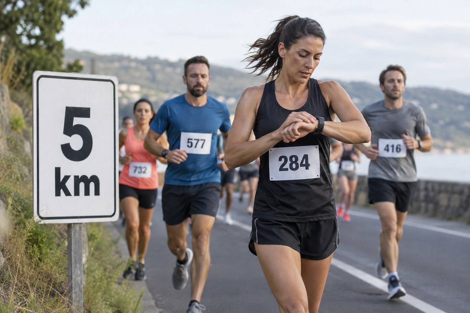 Un coureur passe une borne de cinq kilomètres.
