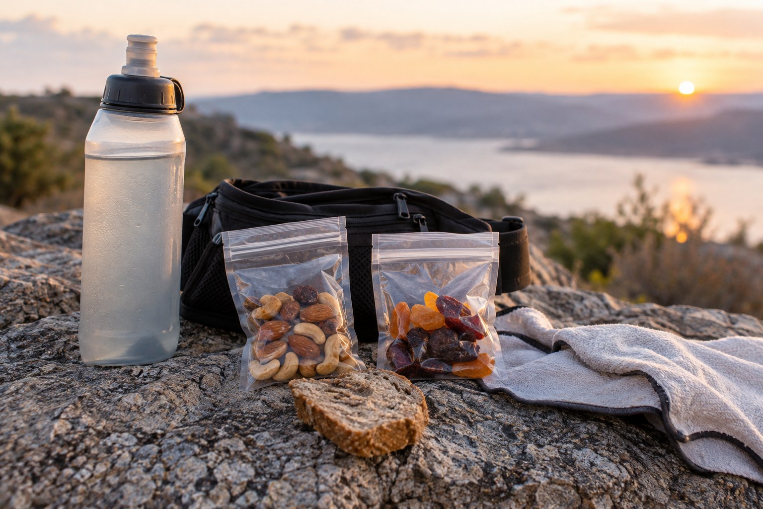 Des aliments emballés près d’une ceinture et d’une flasque souple.