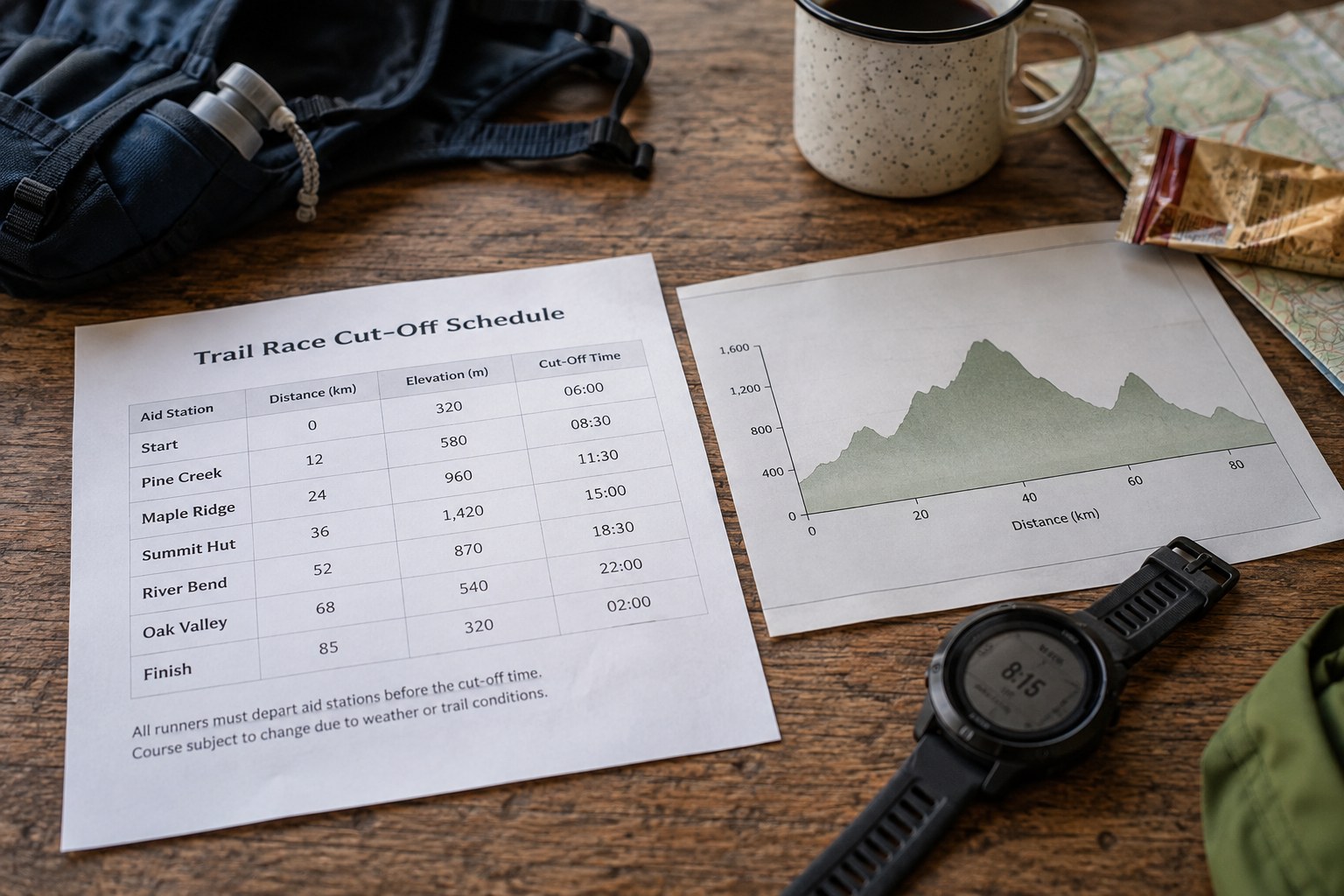 Un tableau de barrières horaires près d’un profil de dénivelé.