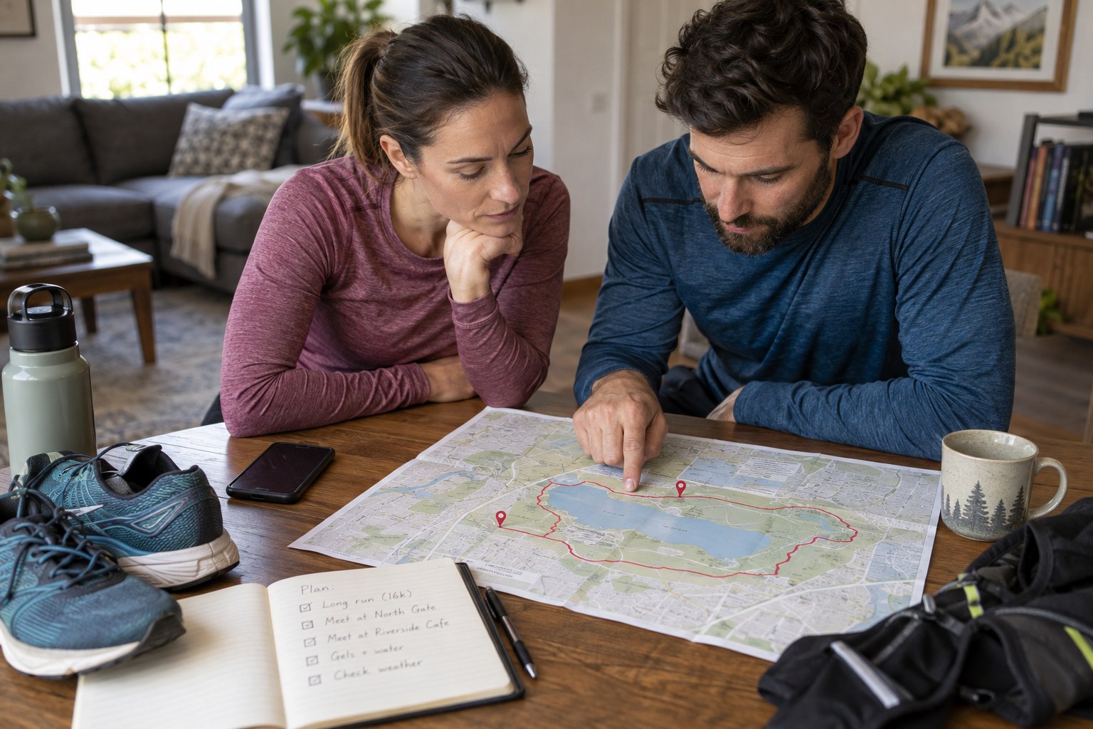 Deux personnes repèrent des rendez-vous sur une carte de course.