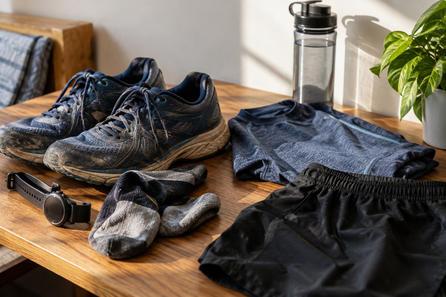 Des chaussures et du matériel déjà utilisés préparés avant une course.