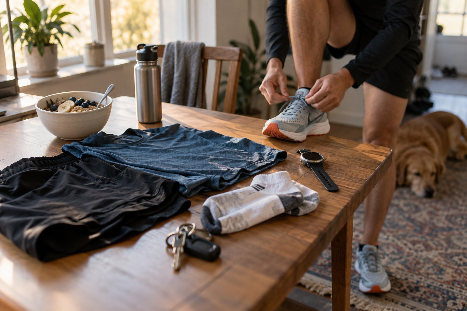 Une tenue de course, des clés et un petit-déjeuner prêts tôt le matin.