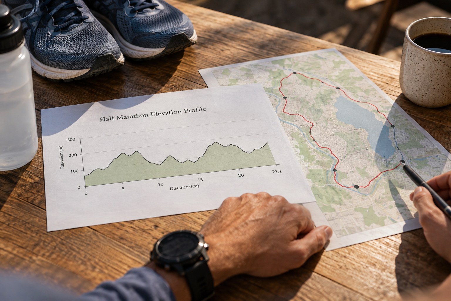 Un profil de semi-marathon près d’une carte de parcours.