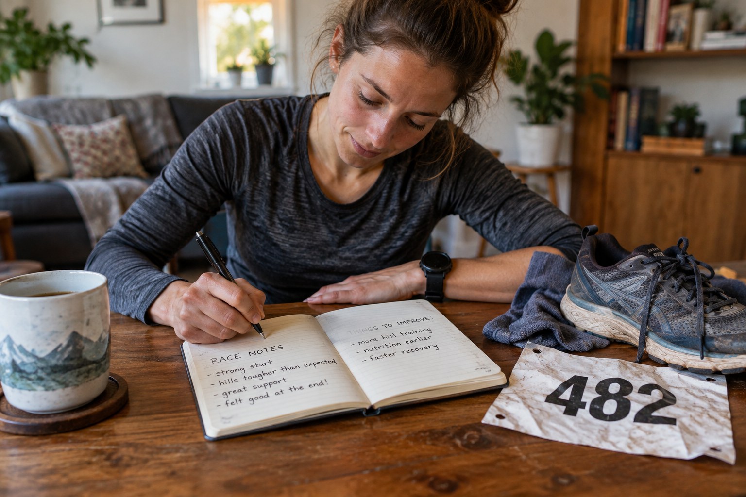 Un coureur note ses observations près d’un dossard utilisé.