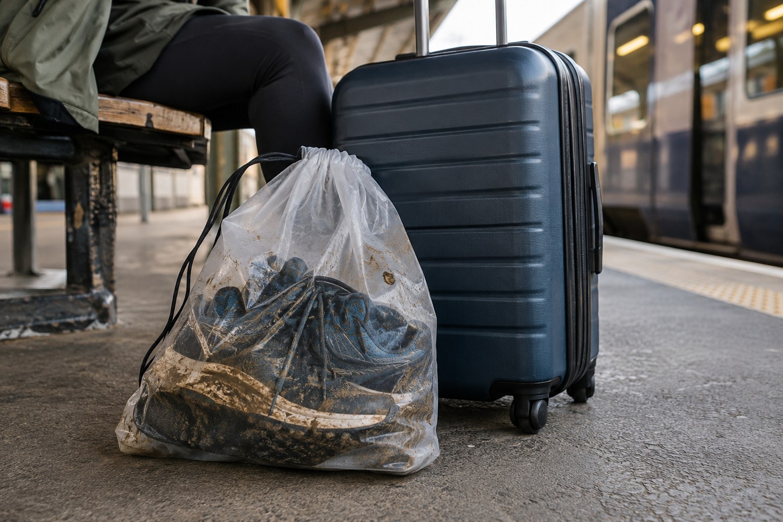Des chaussures boueuses rangées séparément près d’un bagage.