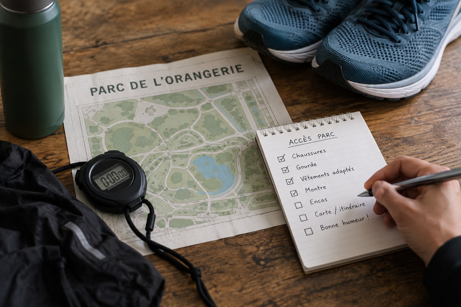 Des documents de préparation pour le parc de l’Orangerie avec un chronomètre.