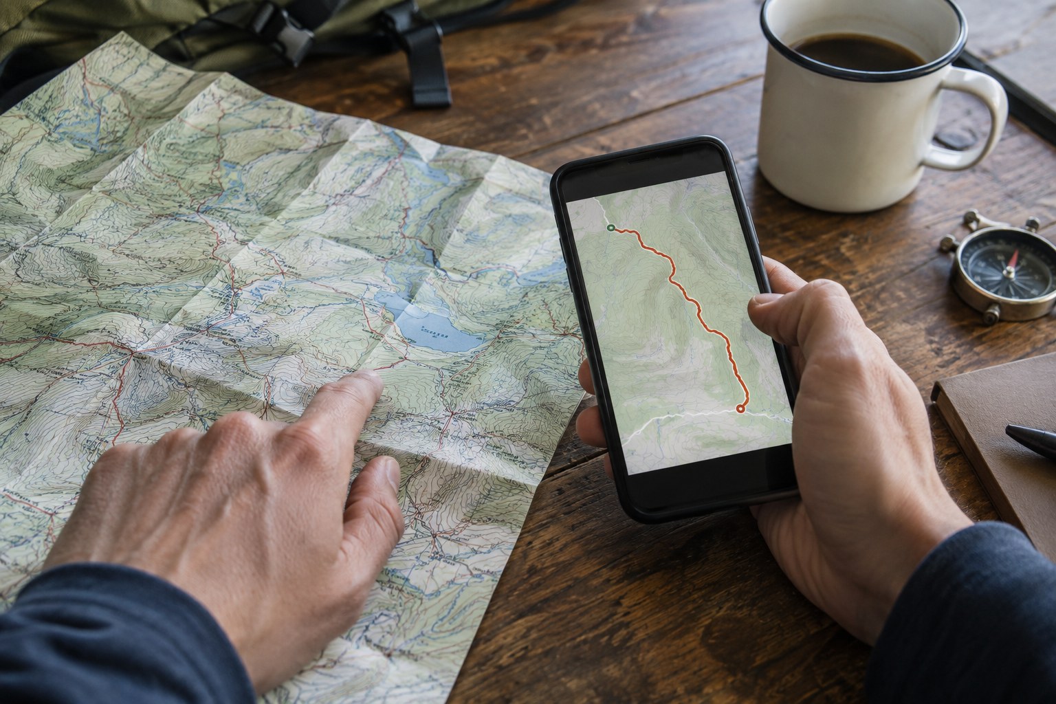 Une carte de terrain comparée à un tracé sur téléphone.