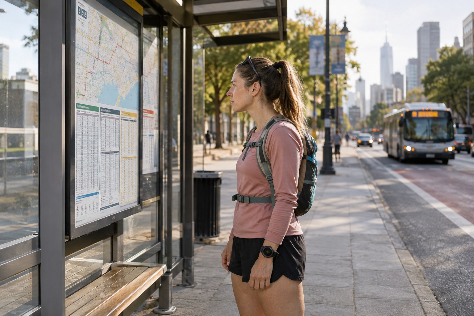 Un coureur avec un petit sac consulte un horaire à un arrêt de bus.