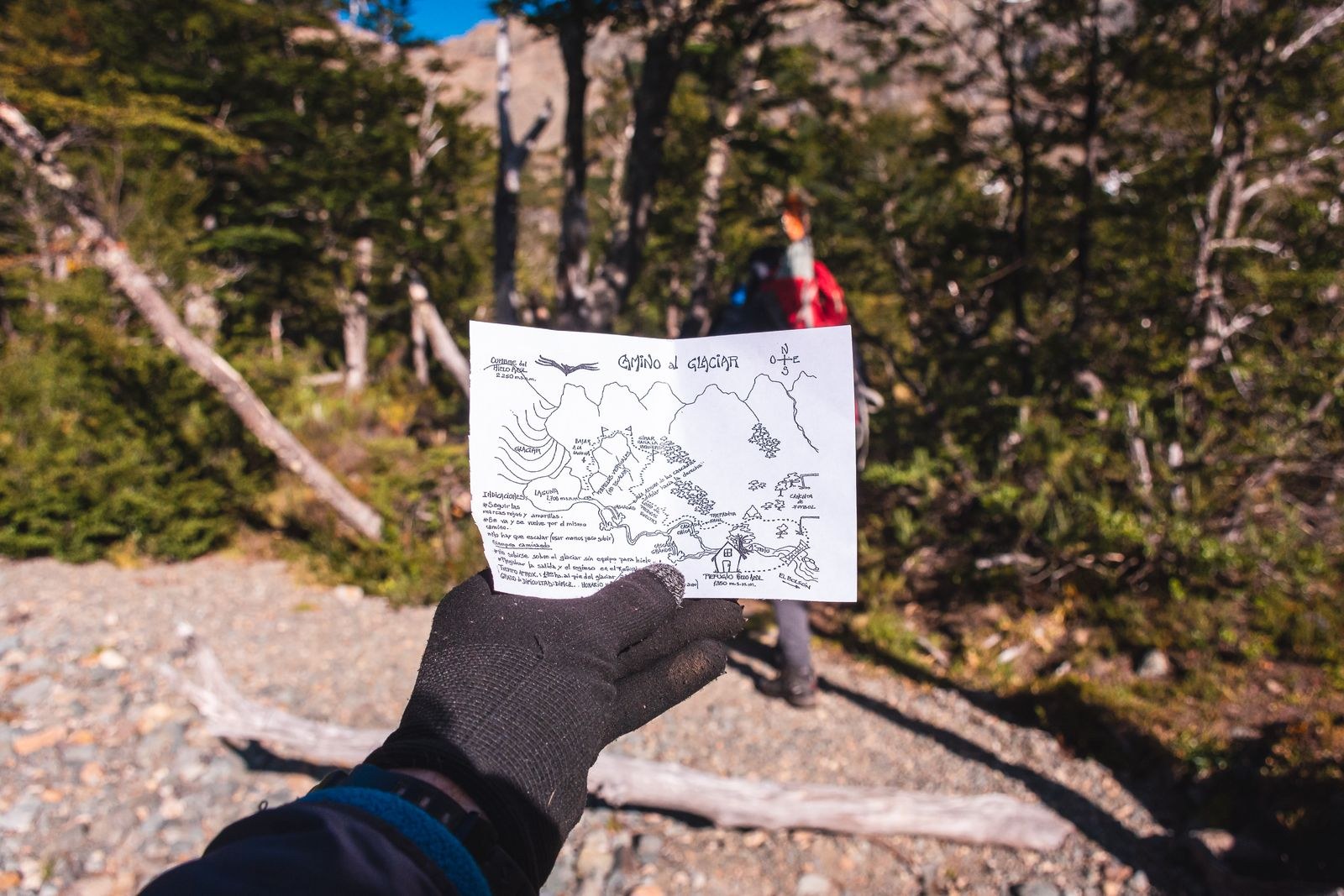 Une main gantée tient un croquis de parcours dans un bois.